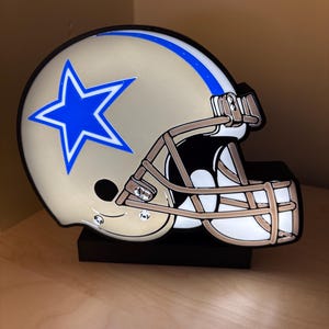 May include: A white and blue football helmet with a blue star on the side. The helmet is lit up and has a black base.