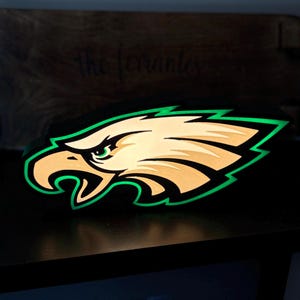 May include: A green and white eagle logo with a black background. The eagle is facing right and has a green outline. The logo is illuminated from behind, creating a glow effect.