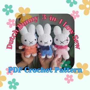Patrón de crochet 3 en 1 de conejo holandés en PDF (viene con 4 opciones de accesorios) // Lindo patrón de amigurumi de anime para principiantes Flor de payaso kawaii
