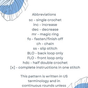 May include: Page 3 of a crochet pattern with a white background and blue leaf accents. The text lists crochet abbreviations such as single crochet, increase, decrease, magic ring, and chain. The pattern uses US terminology.