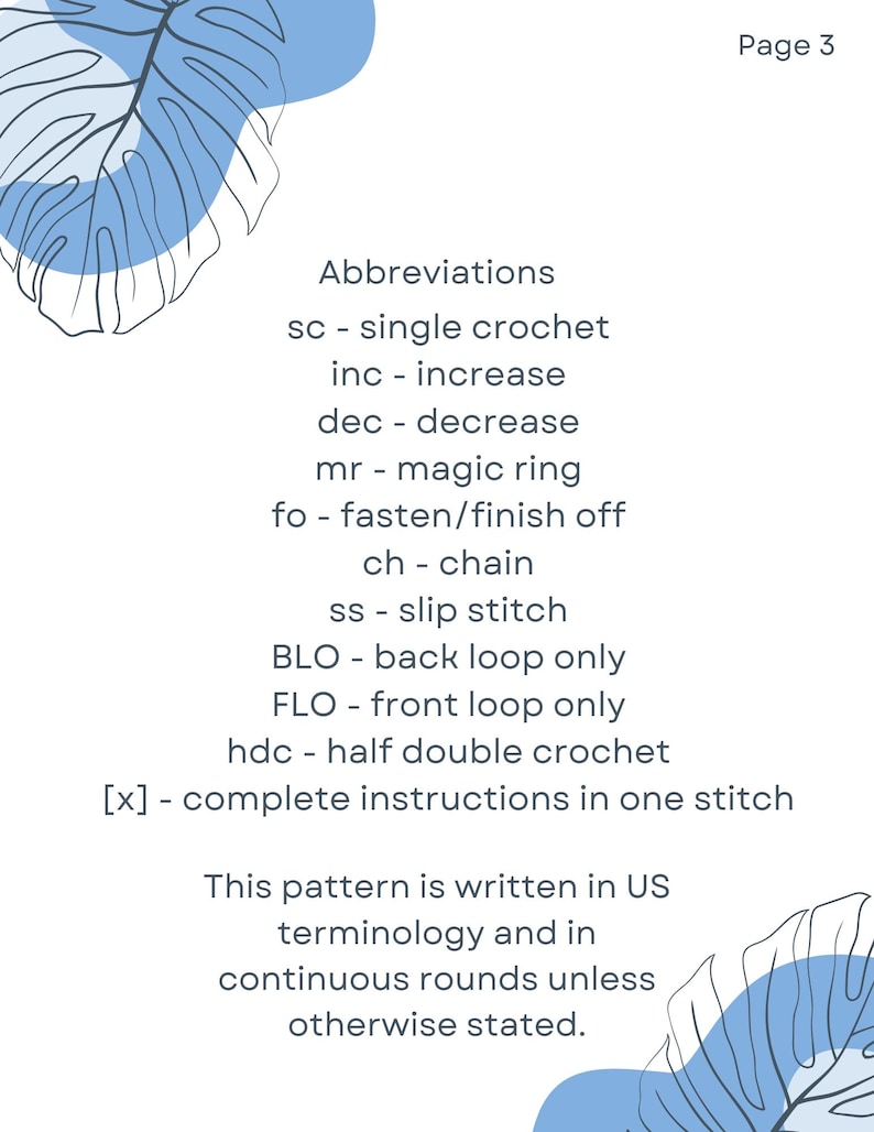 May include: Page 3 of a crochet pattern with a white background and blue leaf accents. The text lists crochet abbreviations such as single crochet, increase, decrease, magic ring, and chain. The pattern uses US terminology.