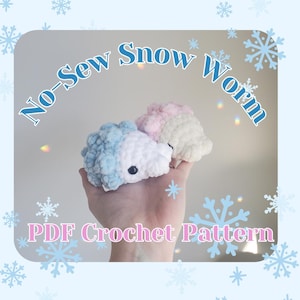 May include: A PDF crochet pattern for a no-sew snow worm. The pattern includes two snow worms, one in blue and white and the other in pink and white.