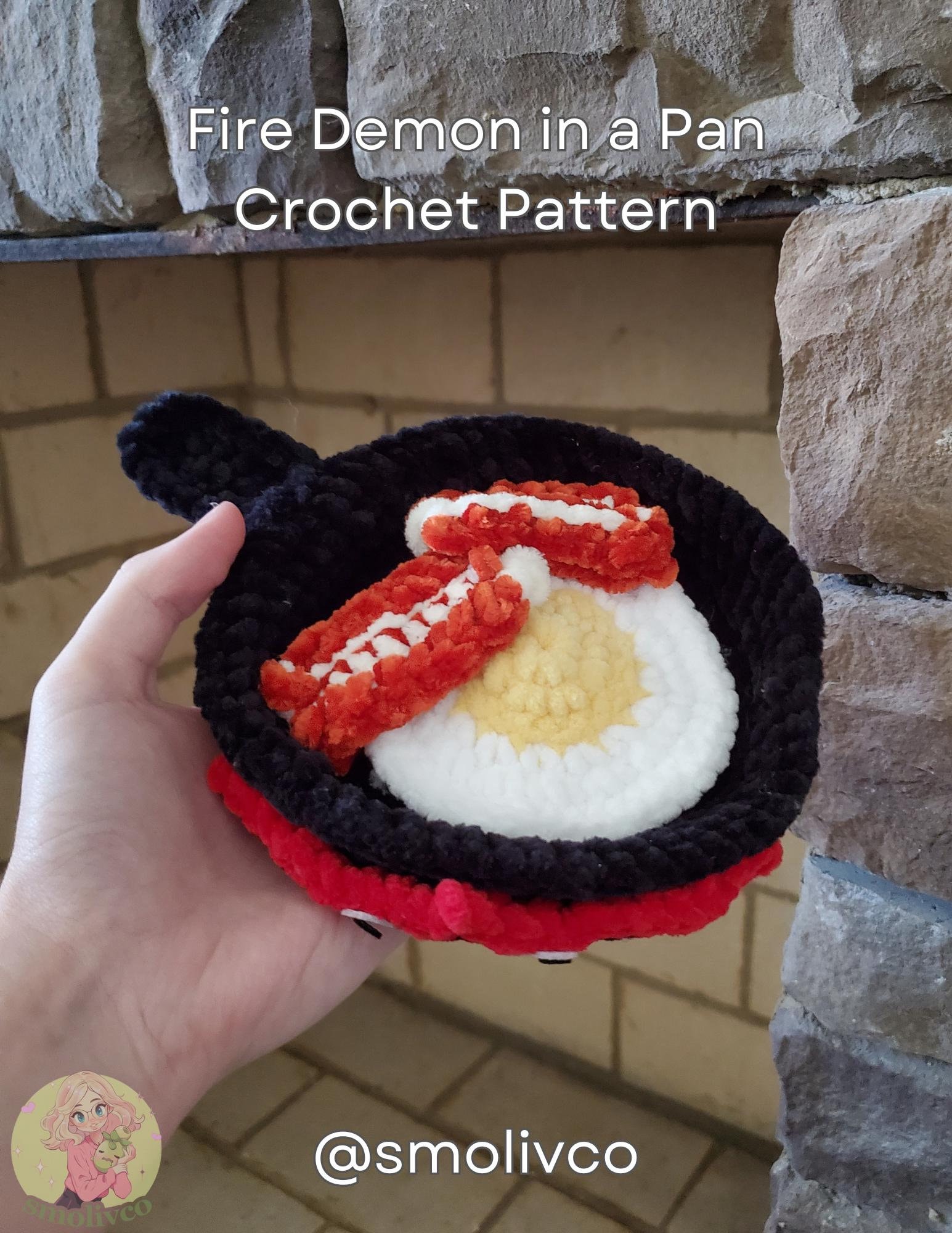 Fire Demon in a Pan PDF Crochet Pattern (in depth 12 page guide w/ pictures) anime japanese cute simple quick make food crochet amigurumi