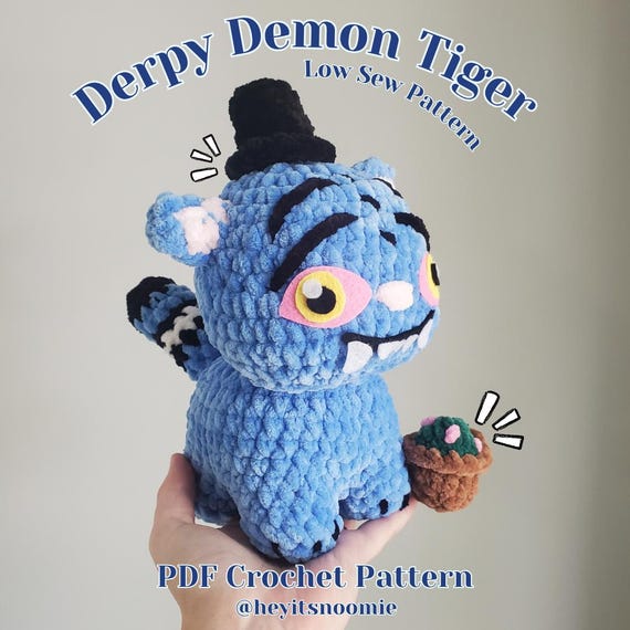 Derpy Demon Tiger KPDH Crochet Amigurumi Pattern PDF (comes w/ step by step instructions for tiger, felt, hat, and potted plant accessories)