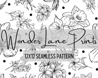 Floral Line Art Seamless Pattern, Floral Seamless Pattern, Repeat Pattern for Personal or Commercial Use, Flowers Design, Printable Pattern