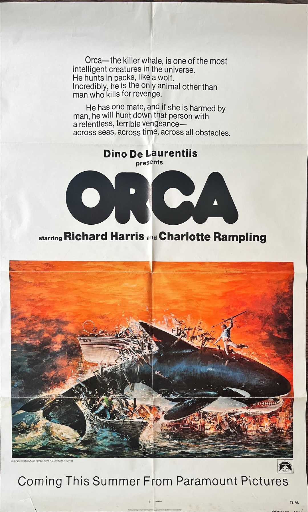 John Rey Orca Orca the Killer Whale Advance 1sh 1977 Artwork of Attacking Killer ...