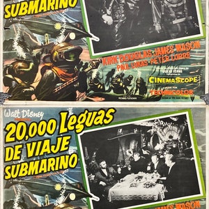 May include: A vintage movie poster for the film "20,000 Leagues Under the Sea" in Spanish. The poster features a submarine, divers, and the actors Kirk Douglas, James Mason, and Peter Lorre. The poster is in color and features the text "Walt Disney Presents 20,000 Leagues Under the Sea" in Spanish.