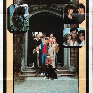 May include: A vintage film poster for "The Hotel New Hampshire", featuring a collage of scenes and actors. The poster includes the title, cast, and a tagline. The colour palette is warm, with a sepia tone.