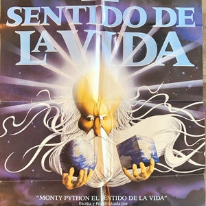 May include: A movie poster for the film "Monty Python's The Meaning of Life" featuring a cartoon depiction of God holding a globe and a cube. The poster is in Spanish and features the title "El Sentido de la Vida".