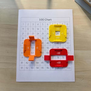 May include: A white paper 100 chart with a grid of numbers from 1 to 100. Three square plastic frames in yellow, orange, and red are placed on the chart. Each frame features embossed mathematical symbols including -10, +10, -1, and +1.
