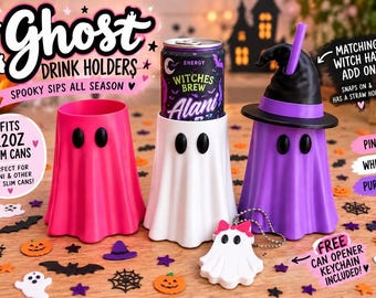 May include: Three ghost-shaped drink holders for 12-ounce slim cans in pink, white, and purple. The white holder contains an Alani Witches Brew can. The purple holder features a matching witch hat add-on with a straw hole. A small white ghost can opener keychain is included.
