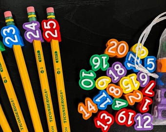 Numbered Pencil Toppers | Classroom Organization, Teacher Supplies, Reusable Labels | Includes Storage Bag