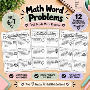 以下が含まれることがあります： 6〜7歳の小学1年生向けの算数の文章題ワークシート3枚。各ページにはイラスト付きの算数の問題が6問ずつ記載されています。テキストには「Math Word Problems」「12 Printable Worksheets Included」「Print Practice Build Math Confidence」と書かれています。