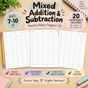 Pode incluir: Um conjunto de três folhas de exercícios de matemática em branco com problemas mistos de adição e subtração. O cabeçalho diz Mixed Addition & Subtraction, Practice Makes Progress e Ages 7-10. Inclui 20 folhas e 100 problemas por folha.