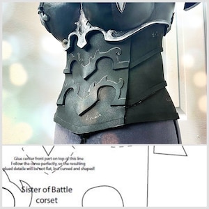 May include: A black leather corset with intricate details and a 'Sister of Battle' label. The corset is made of multiple pieces of leather that are sewn together. The corset is designed to be worn by a person.