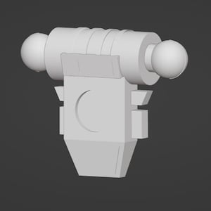 以下が含まれることがあります： 前面に三日月模様が施された、白いプラスチック製の城の塔の模型。塔は円筒形の土台に、両側に丸いボールが2つ付いています。