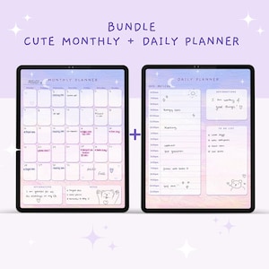BUNDLE Cute Digital Monthly Planner + Cute Digital Daily Planner, Kawaii Digital Planner, Kawaii Planner, Digital Planner Cute