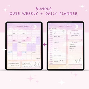 BUNDLE Cute Digital Weekly Planner + Cute Digital Daily Planner, Kawaii Digital Planner, Kawaii Planner, Digital Planner Cute