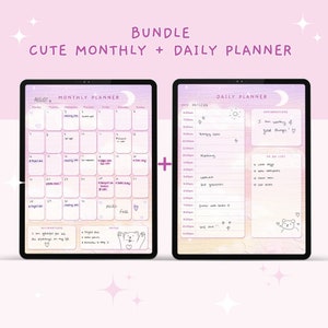 BUNDLE Cute Digital Monthly Planner + Cute Digital Daily Planner, Kawaii Digital Planner, Kawaii Planner, Digital Planner Cute