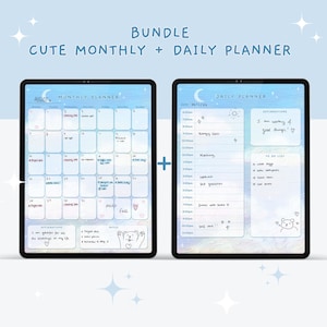 BUNDLE Cute Digital Monthly Planner + Cute Digital Daily Planner, Kawaii Digital Planner, Kawaii Planner, Digital Planner Cute