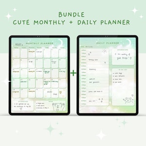 BUNDLE Cute Digital Monthly Planner + Cute Digital Daily Planner, Kawaii Digital Planner, Kawaii Planner, Digital Planner Cute