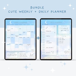 BUNDLE Cute Digital Weekly Planner + Cute Digital Daily Planner, Kawaii Digital Planner, Kawaii Planner, Digital Planner Cute