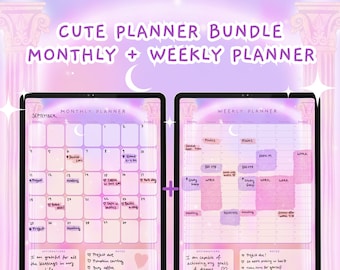 BUNDLE Cute Digital Monthly Planner + Cute Daily Planner, Kawaii ...