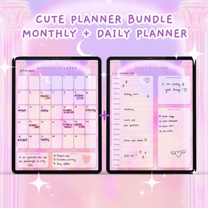 BUNDLE Cute Digital Monthly Planner + Cute Daily Planner, Kawaii Digital Planner, Kawaii Planner, Digital Planner Cute