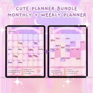 BUNDLE Cute Digital Monthly Planner + Cute Weekly Planner, Kawaii Digital Planner, Kawaii Planner, Digital Planner Cute