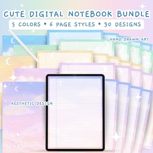 May include: A digital notebook bundle featuring 30 designs with 5 colors and 6 page styles. The image displays a tablet screen showing a lined page with a crescent moon and cloud motif, surrounded by various pastel-colored stationery sheets and a stylus.