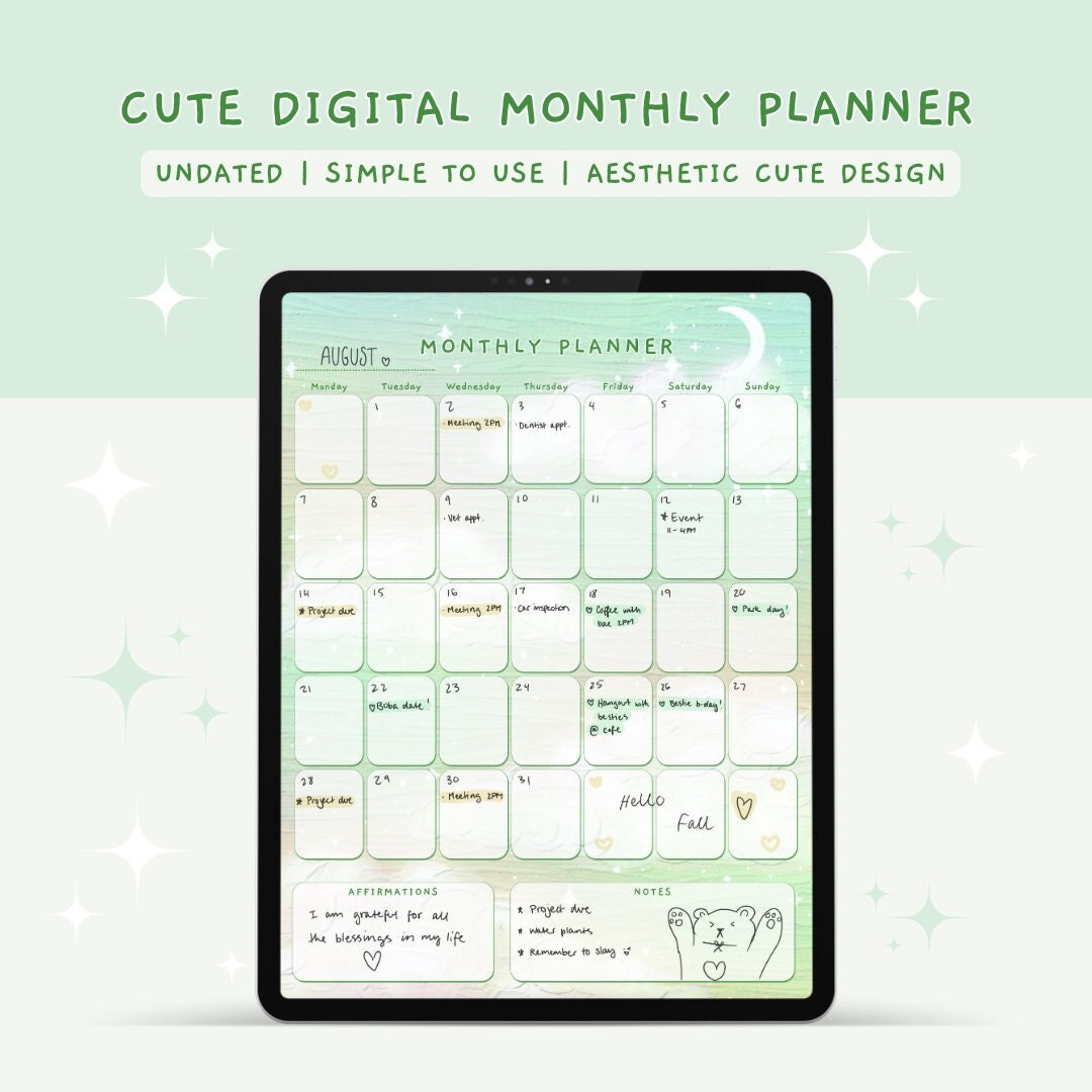 Cute Digital Monthly Planner, Kawaii Digital Planner, Kawaii Planner ...