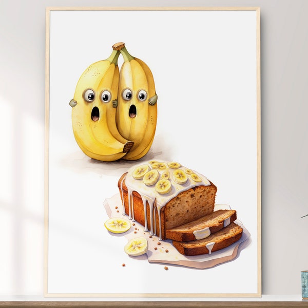 Bananen-Kunst, druckbare Wandkunst, wunderliche lustige Bananenbrot-Aquarell-Malerei, Haus und Wand-Dekor, digitaler Download