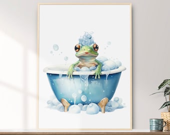 Whimsical Frog Bubble Bath Watercolor Art Print (Digital Download)