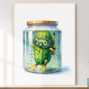 Pickle Art, druckbare Wandkunst, wunderliche lustige Gurke Aquarellmalerei, Haus- und Wanddekor, digitaler Download