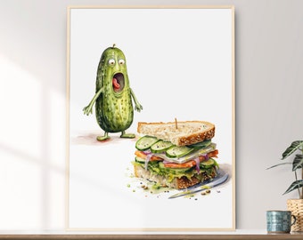 Pickle Art, Printable Wall Art, Whimsical Funny Pickle Watercolor Painting, Home and Wall Décor, Digital Download