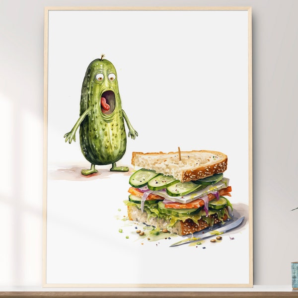 Pickle Art, Printable Wall Art, Whimsical Funny Pickle Watercolor Painting, Home and Wall Décor, Digital Download