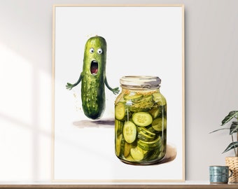Pickle Art, Printable Wall Art, Whimsical Funny Pickle Watercolor Painting, Home and Wall Décor, Digital Download
