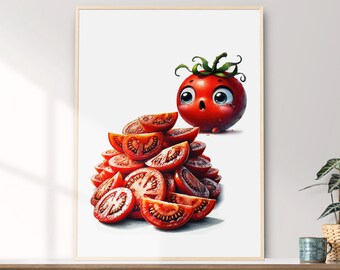 Stampa artistica acquerello di pomodoro stravagante: cibo divertente per la casa (download digitale)