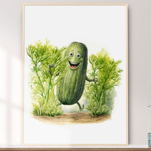 Dill Gurke Kunst, druckbare Wandkunst, wunderliche lustige Gurke Aquarell Malerei, Haus und Wand Dekor, digitaler Download