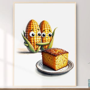 Corn Art, Printable Wall Art, Whimsical Funny Corn Bread Watercolor Painting, Home and Wall Décor, Digital Download