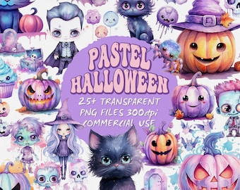Pastel Halloween Clipart Set: Watercolor PNG Designs (Commercial Use)