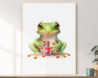Impresión artística de acuarela de una rana caprichosa: Divertida pintura de esmalte de uñas (descarga digital)
