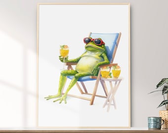 Funny Frog Watercolor Art Print: Sun Bathing Frog (Digital Download)