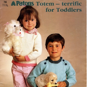 Vintage 80s Patons No 745 Totem Knitting Pattern Book, 6 Boys Girls Jumpers and Cardigans