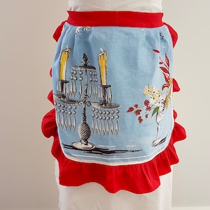 Vintage 50s 60s Blue Red Candelabra Frilly Kitchen Apron