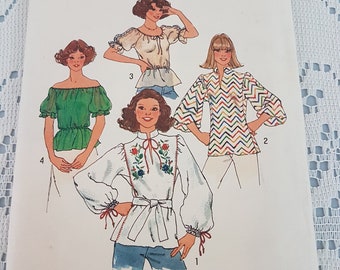 Vintage 70s Simplicity 7530 4 Styles Peasant Top Sewing Pattern, Cut 80-83cm Bust