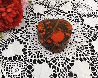 Vintage 80s Black Red Floral Papier Mache Heart Shape Box