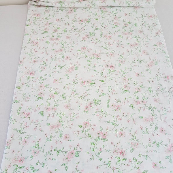 Vintage 70s Pink Floral Print on White Background Single Bed Flat Sheet, Cotton Blend Bed Sheet