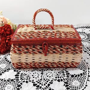 Vintage 70s Red Gold Sewing Basket with Handle and Hinged Lid