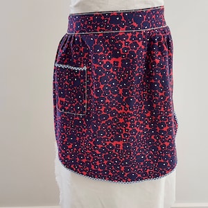 Vintage 60s Blue Red Floral Kitchen Apron Pinny with Pocket